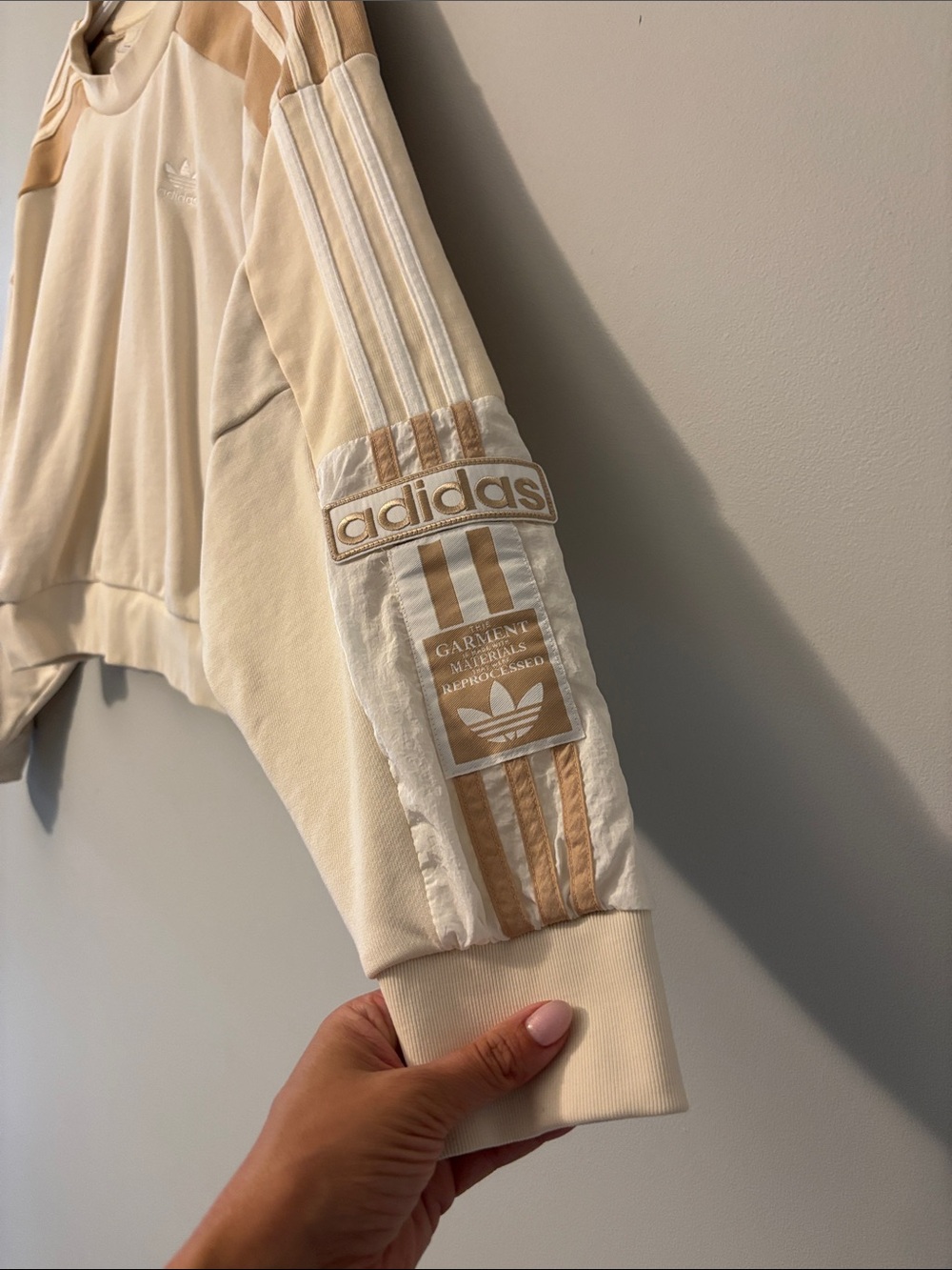 adidas Cream & Tan Cropped Crewneck Sweatshirt with Stripes - Picture 6 of 9